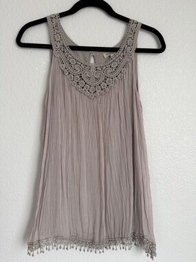 Sleeveless 100% Silk Crochet Trim Tank Top - Taupe Made in Italy